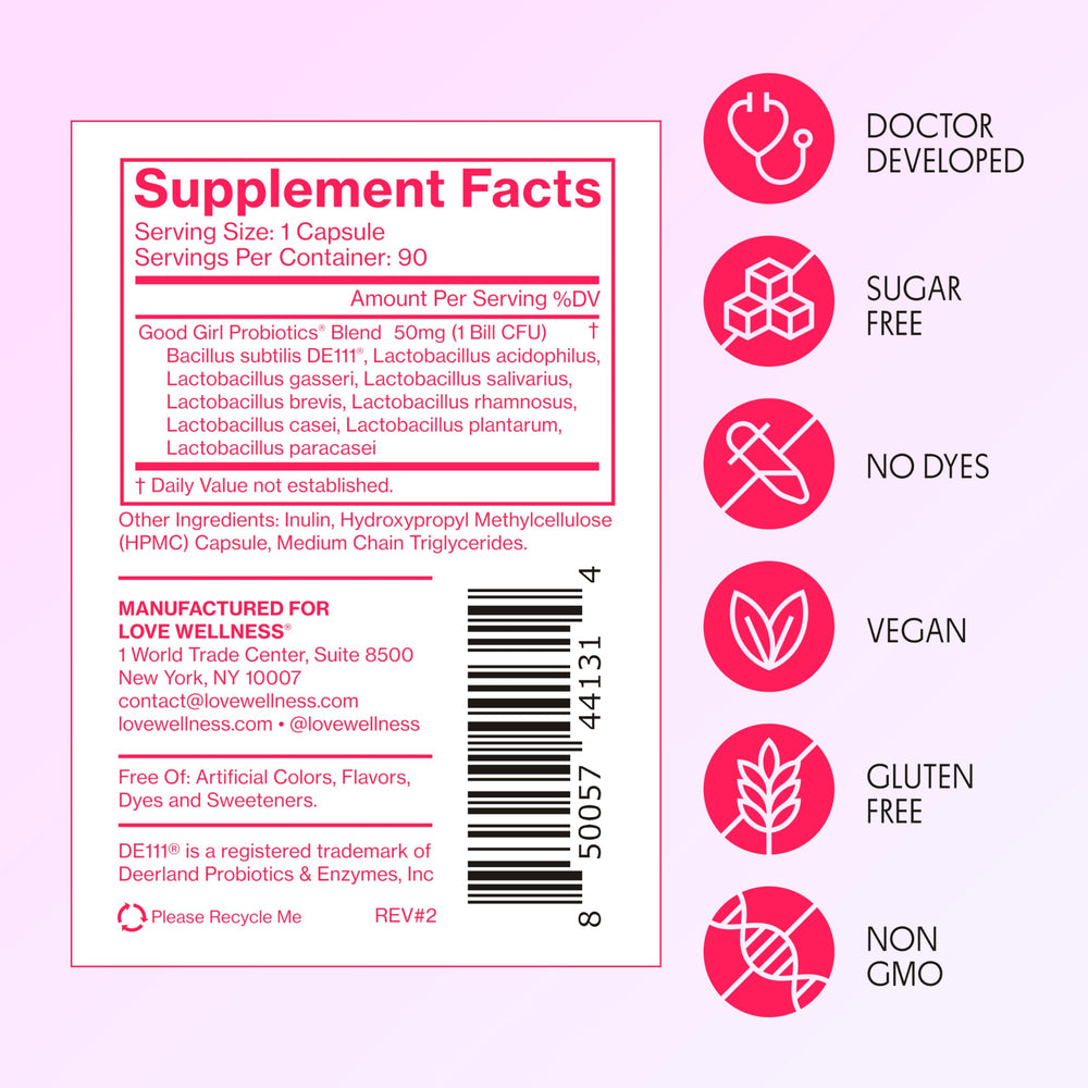 Love Wellness Good Girl Probiotics on-the-go packaging suits travel and routine.
