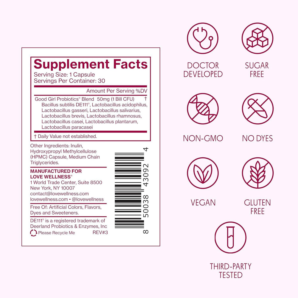 Retail packaging image highlights shelf-stable probiotic convenient for travel.
