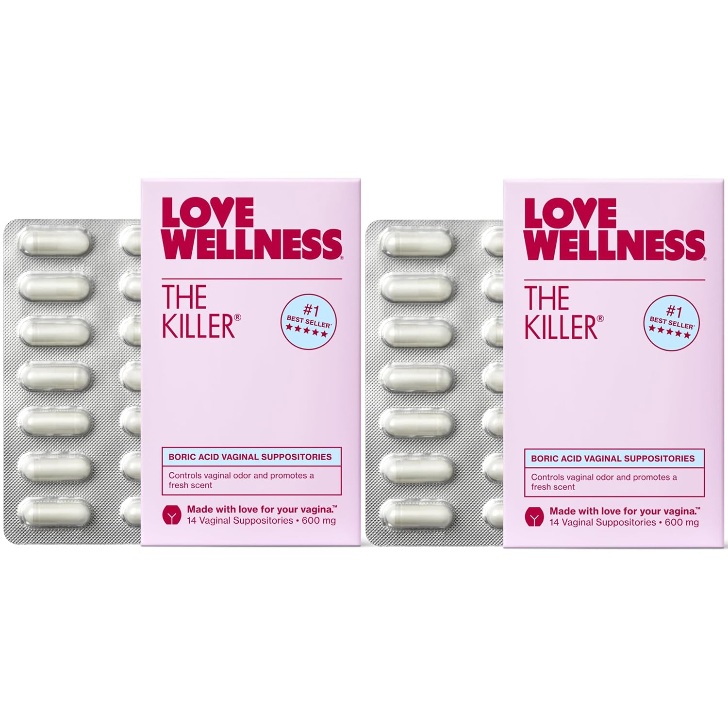 Love Wellness The Killer 28 count box visible on shelf for discreet routine use