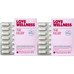 Love Wellness The Killer 28 count box visible on shelf for discreet routine use