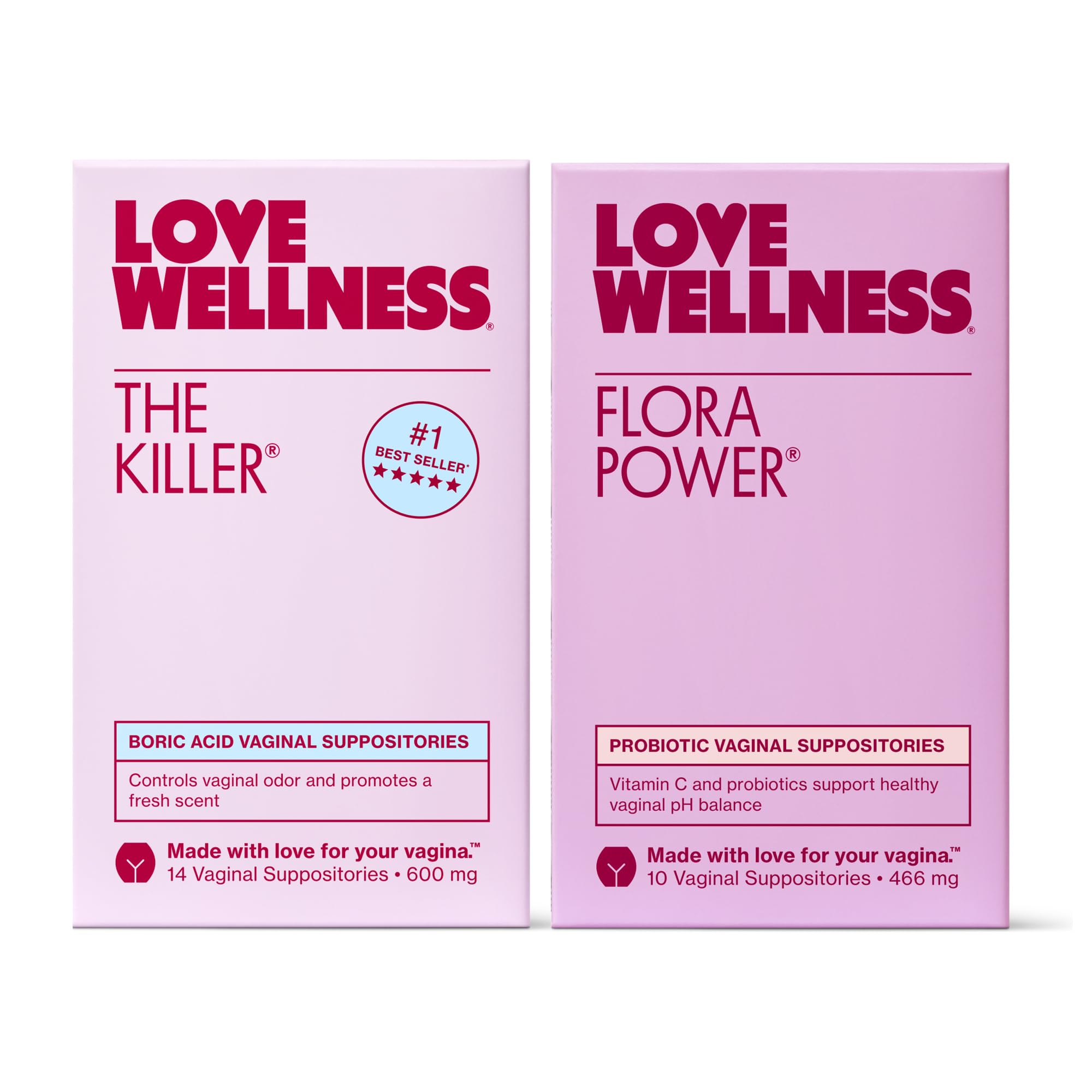 Love Wellness The Killer boric acid suppositories pack for pH balance and yeast support.