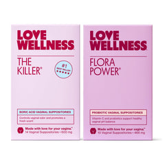 Love Wellness The Killer boric acid suppositories pack for pH balance and yeast support.