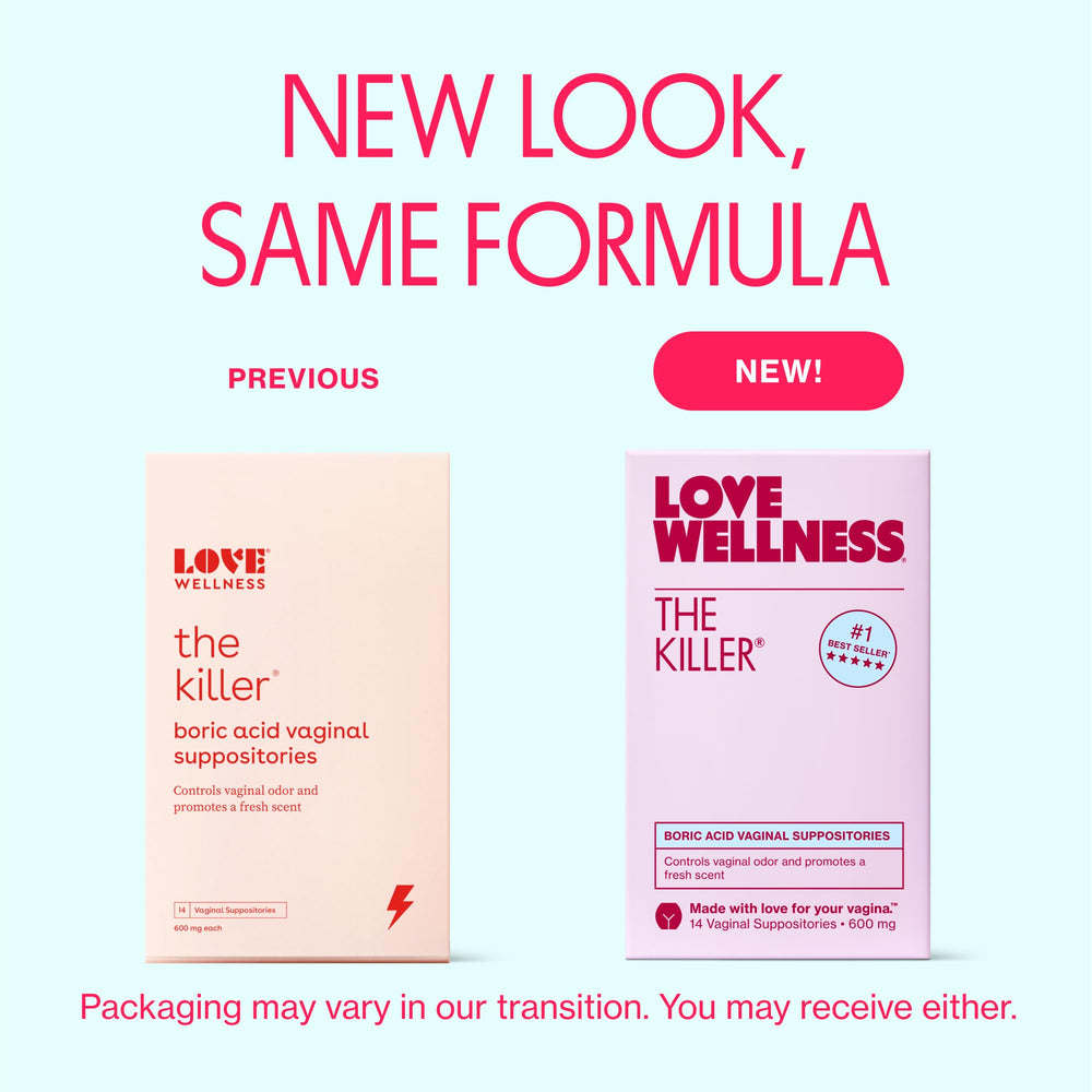 Love Wellness The Killer fragrance free label highlighting skin friendly boric acid