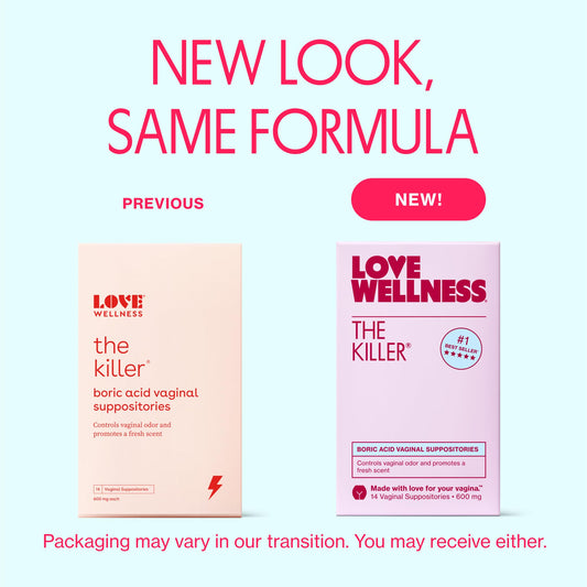 Love Wellness The Killer fragrance free label highlighting skin friendly boric acid
