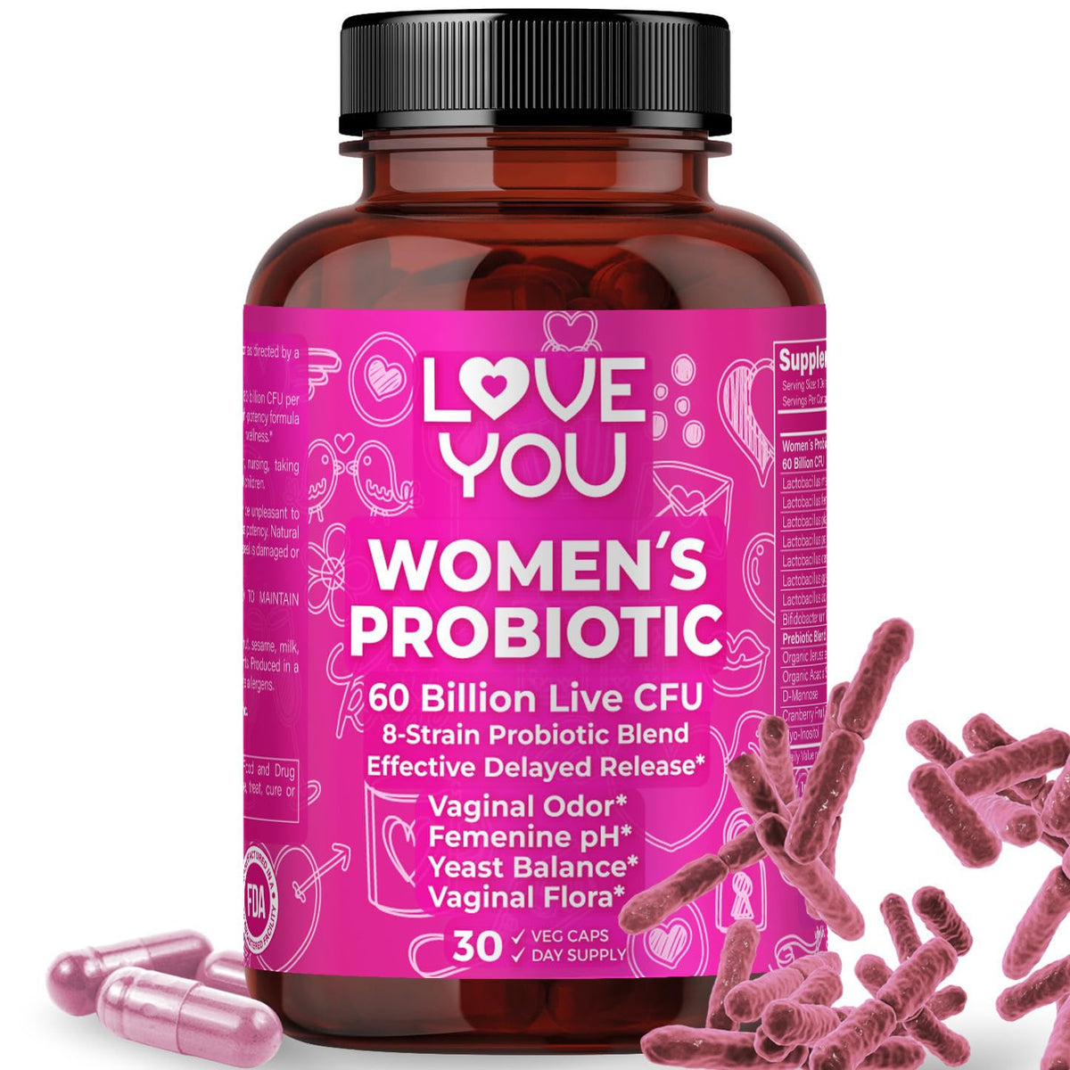 Love You Womens Probiotic bottle with pour promotes convenient daily gut support.