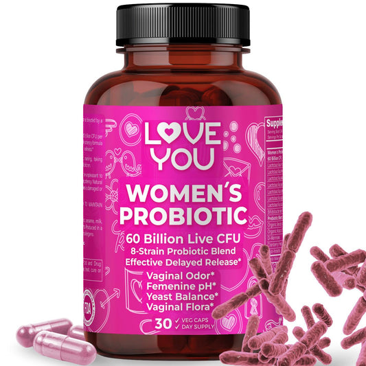 Love You Womens Probiotic bottle with pour promotes convenient daily gut support.
