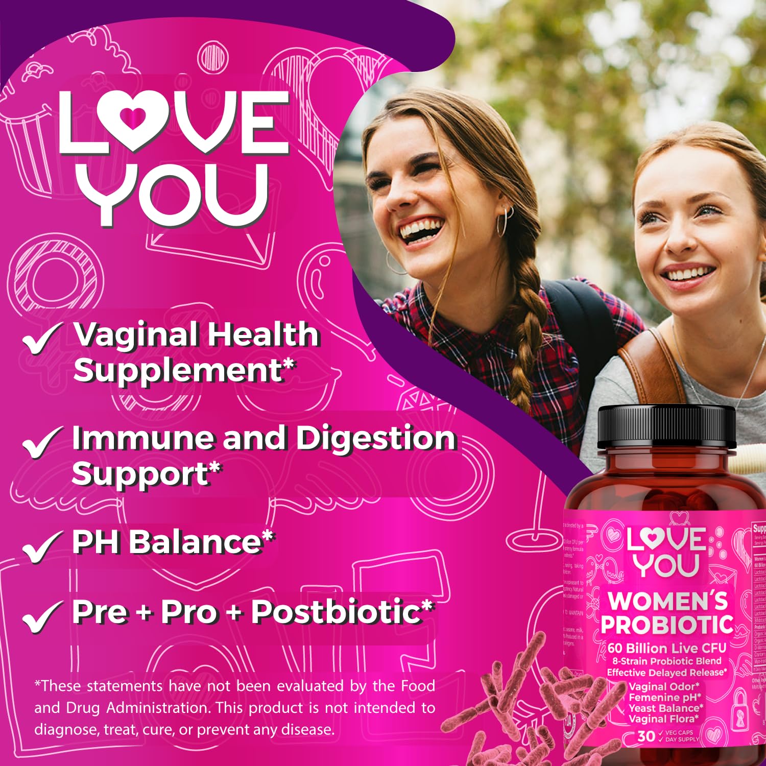Love You Womens Probiotic capsules close-up for easy daily use and digestive balance.
