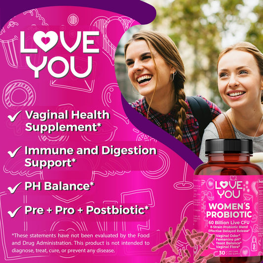 Love You Womens Probiotic capsules close-up for easy daily use and digestive balance.