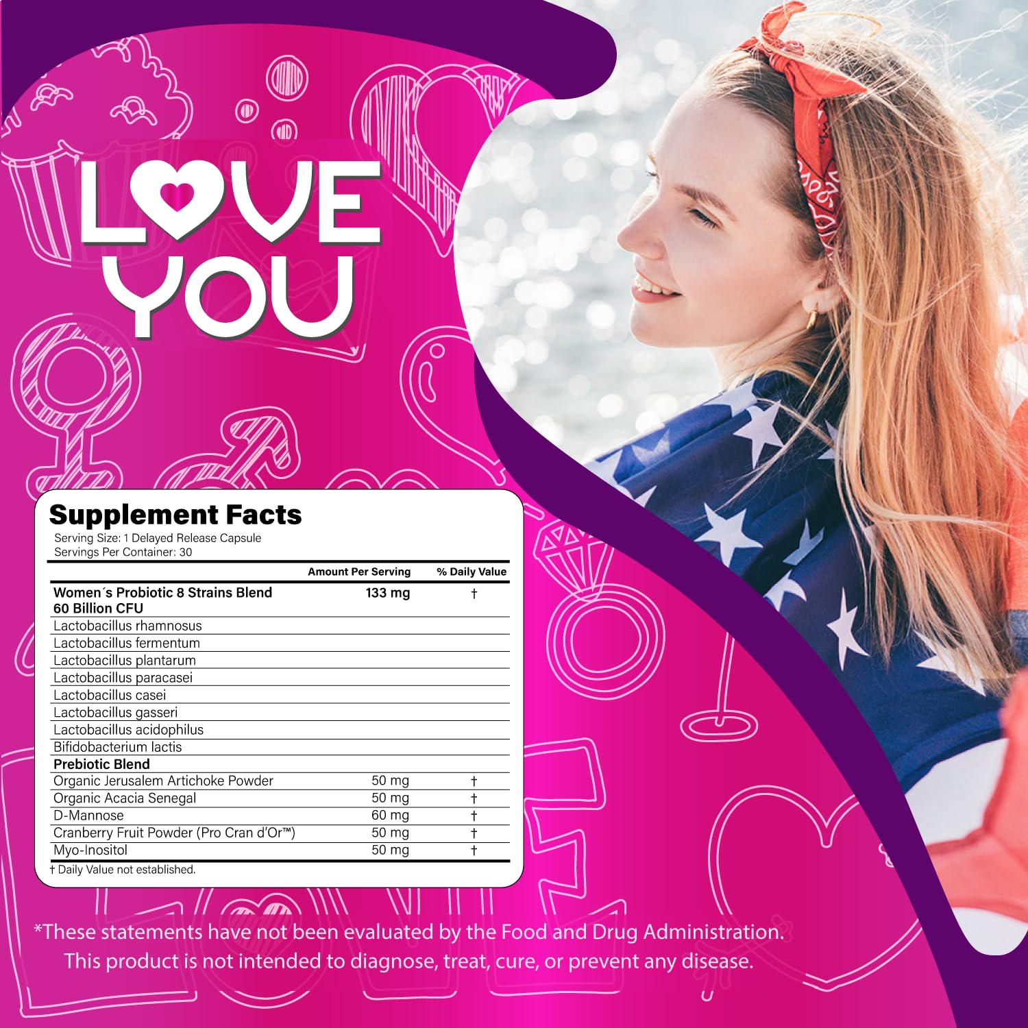 Love You Womens Probiotic label highlights eight strains and vegan ingredients.