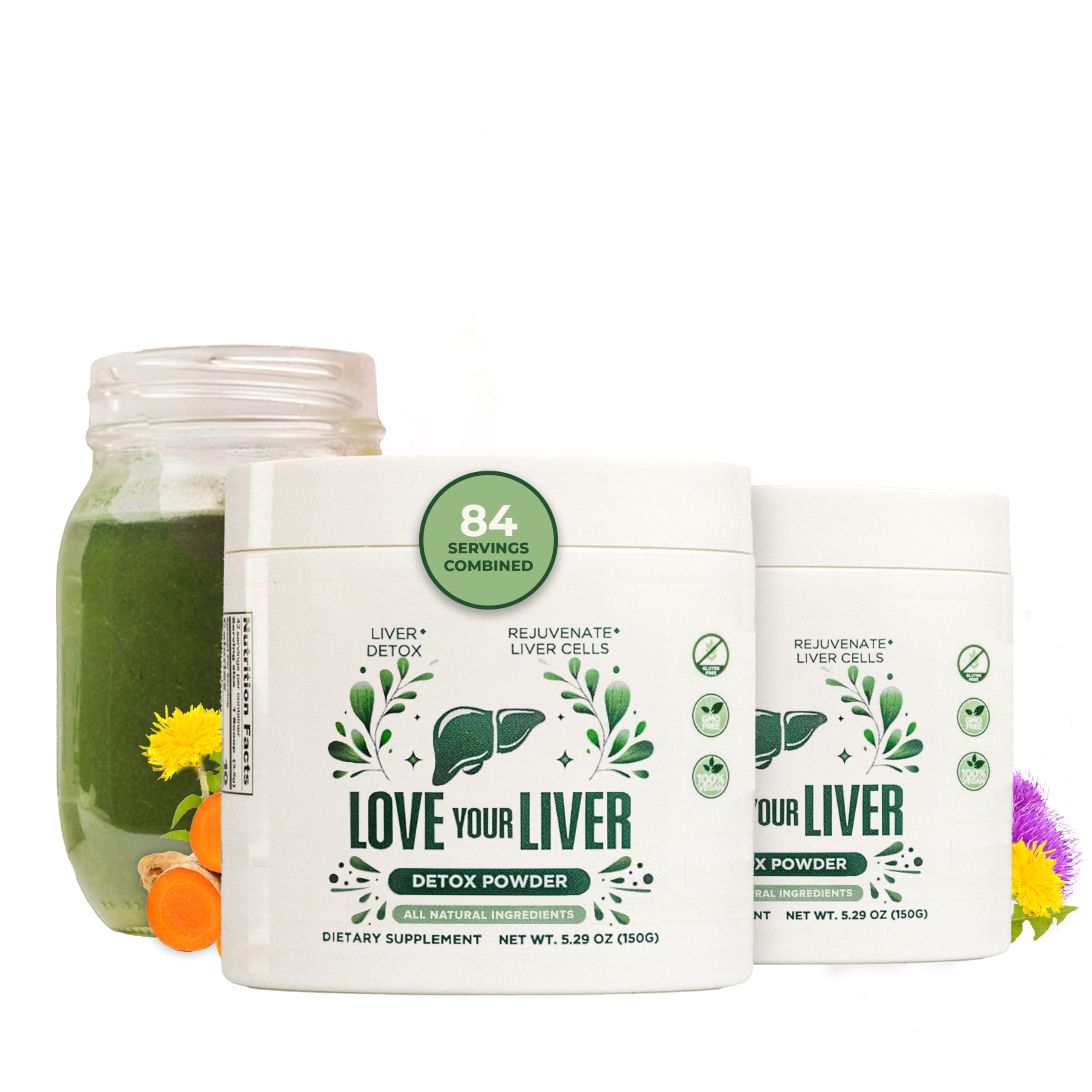 Love Your Liver Detox Cleanse Powder bottle on counter for daily liver support.
