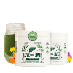 Love Your Liver Detox Cleanse Powder bottle on counter for daily liver support.