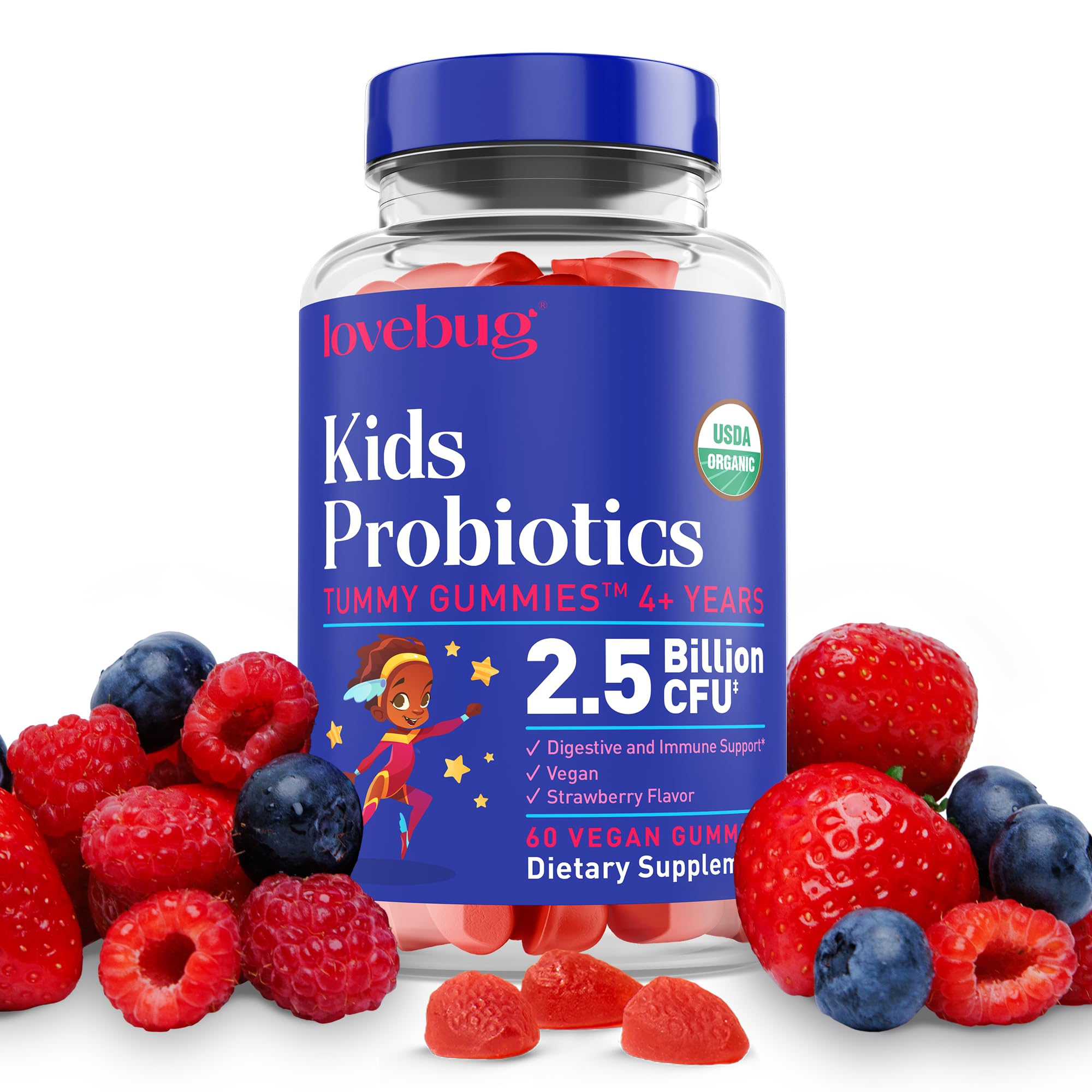 LOVEBUG Kids Probiotic Gummies bottle showing daily gut support.