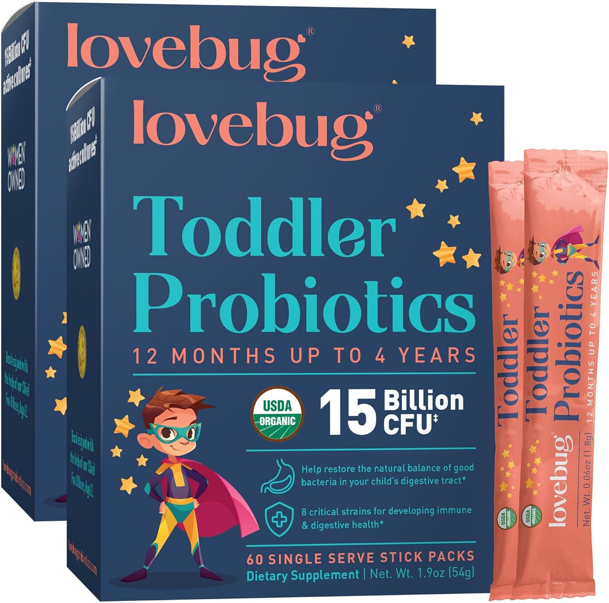 LOVEBUG Kids Probiotic Powder bottle supports toddler digestion.