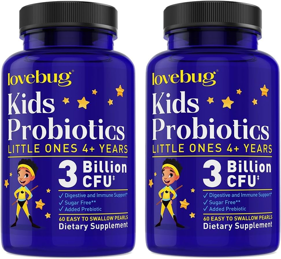 LOVEBUG Kids Probiotics bottle with pearls for daily digestive support.