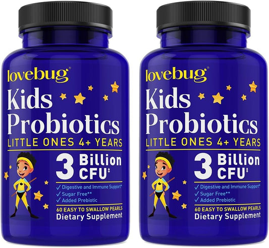 LOVEBUG Kids Probiotics bottle with pearls for daily digestive support.