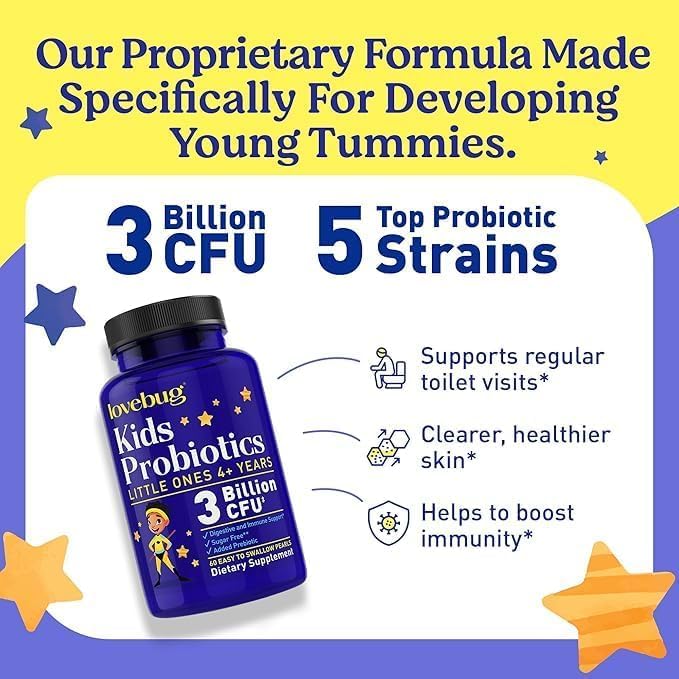 LoveBug Kids Probiotics daily-use dosage visual promoting easy swallowing.