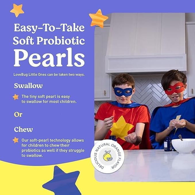 LoveBug Kids Probiotics with fiber-enriched formula for gut balance.