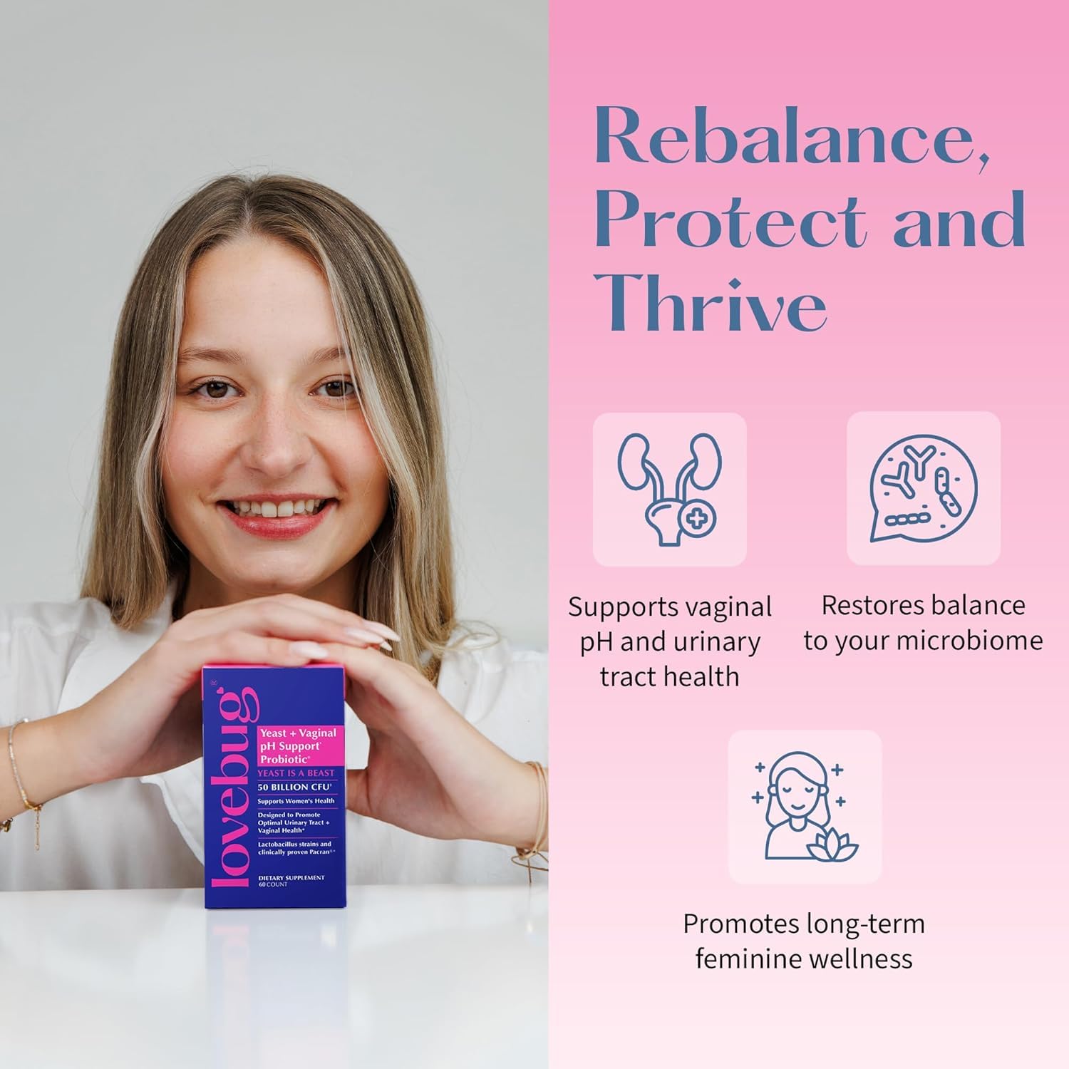 Lovebug packaging display suggests convenient daily use for feminine health routines.