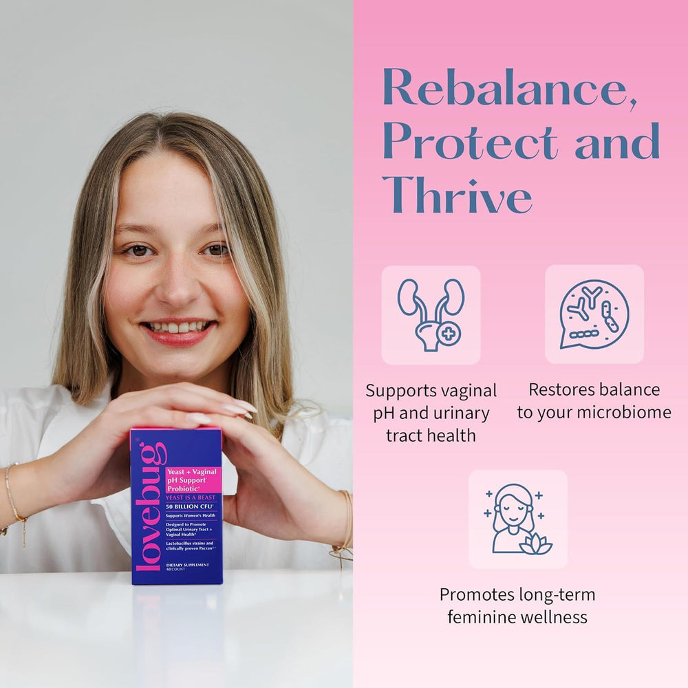 Lovebug packaging display suggests convenient daily use for feminine health routines.