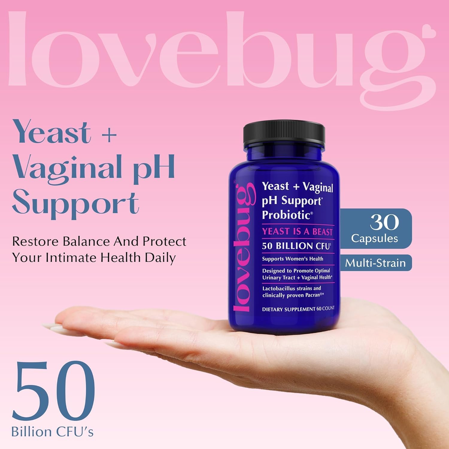 Lovebug probiotic capsules close-up highlights high-potency 50B CFU formula.