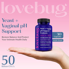 Lovebug probiotic capsules close-up highlights high-potency 50B CFU formula.