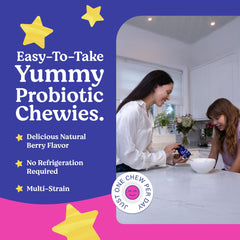 Lovebug Probiotics for Kids chewables digestive health illustration highlights balanced gut microbiome.