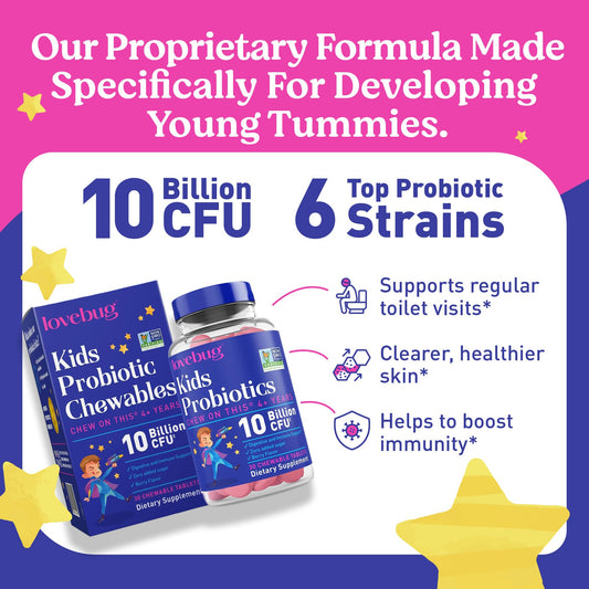 Lovebug Probiotics for Kids chewables label berry flavor emphasizes sugar-free daily nutrition.