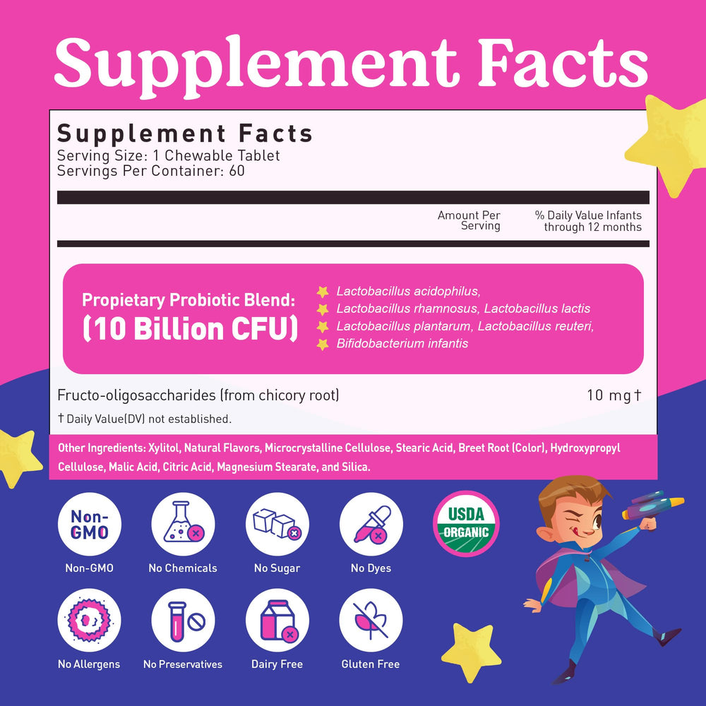 Lovebug Probiotics for Kids chewables serving spoon image suggests simple daily dosing.