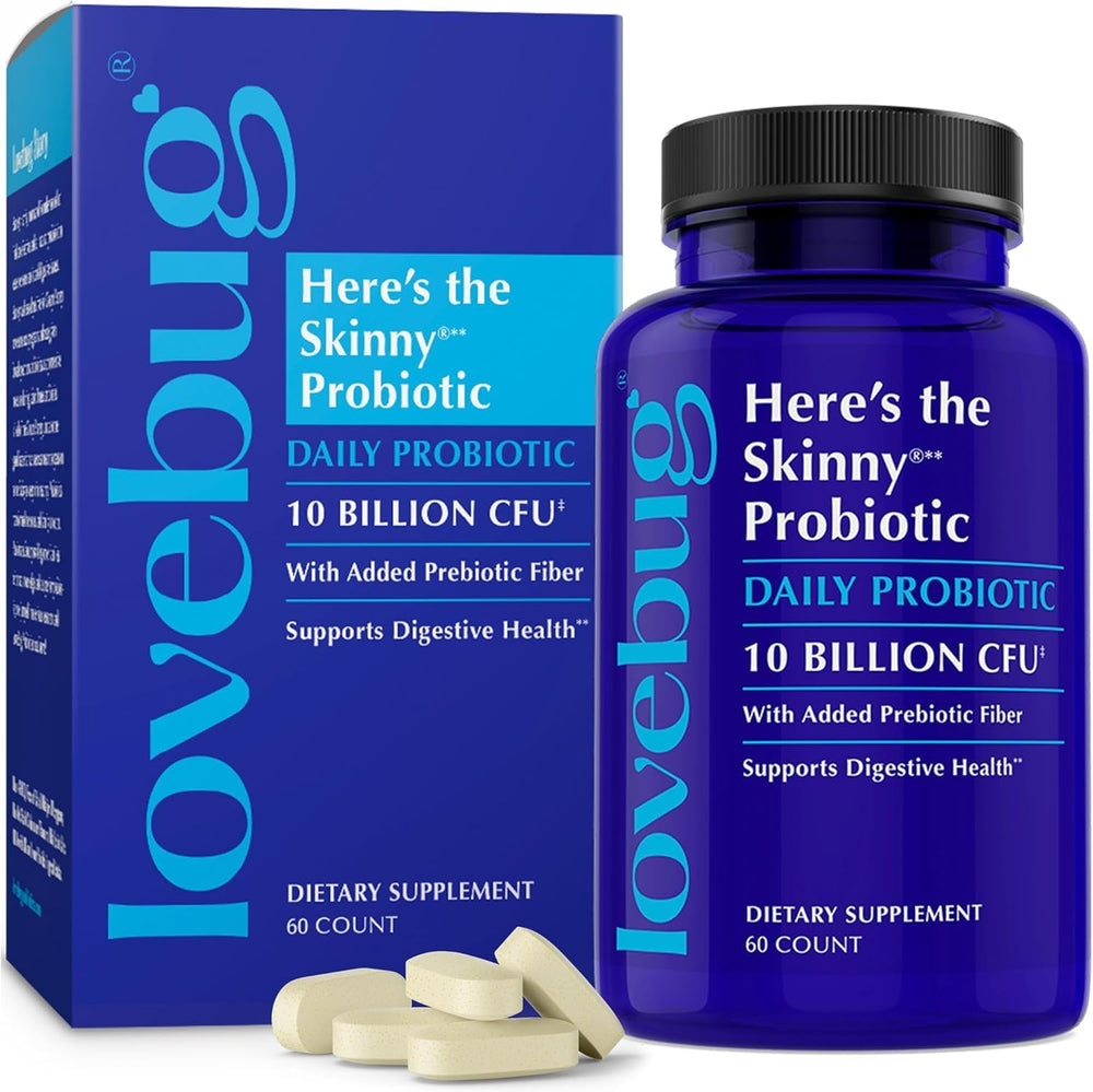 LOVEBUG Skinny bottle cap with capsules for daily gut support.