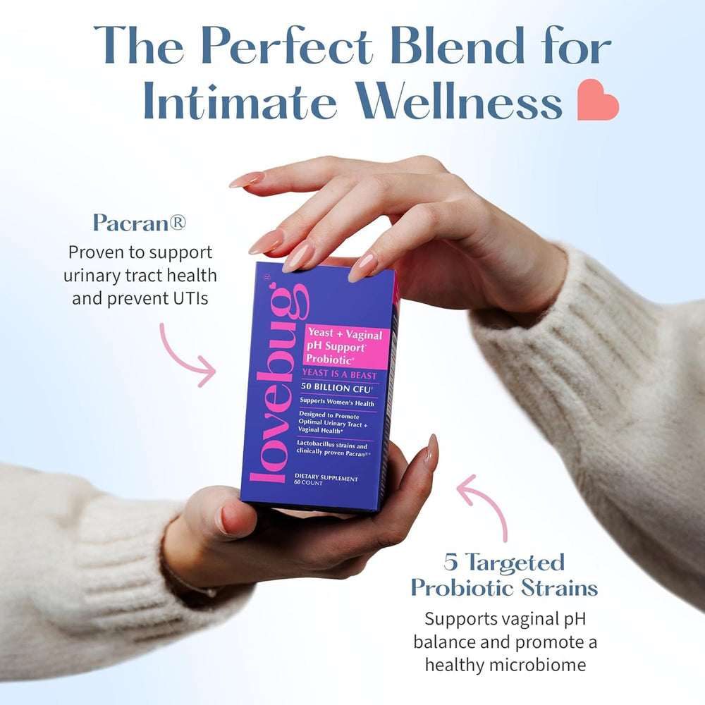 Lovebug strains chart displays five probiotic strains for vaginal and gut support.