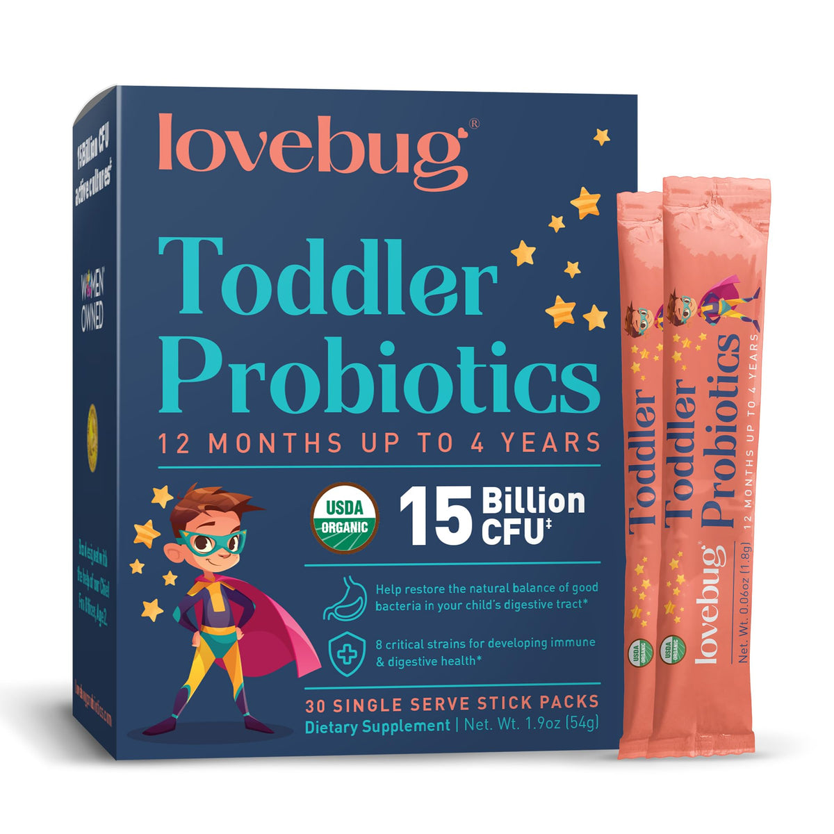 LOVEBUG toddler probiotic powder unflavoured dissolves easily in drinks for gut support.