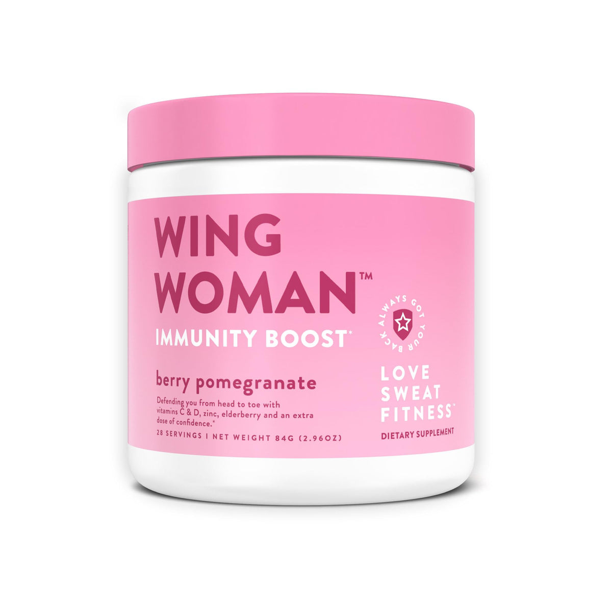 Love Sweat Fitness Immunity Boost Powder bottle label shows vegan, non-GMO formula.