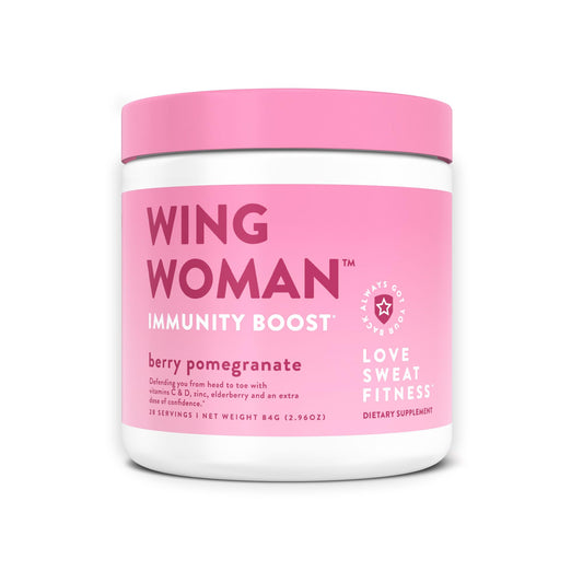Love Sweat Fitness Immunity Boost Powder bottle label shows vegan, non-GMO formula.