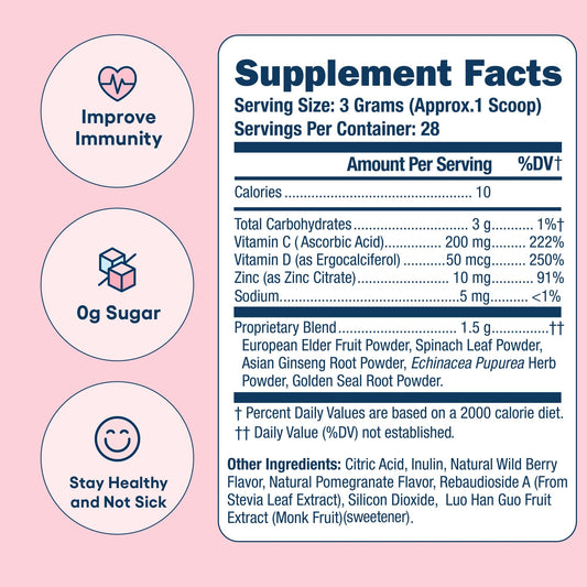Immunity Boost Powder poured into water for a berry-pomegranate refreshment.