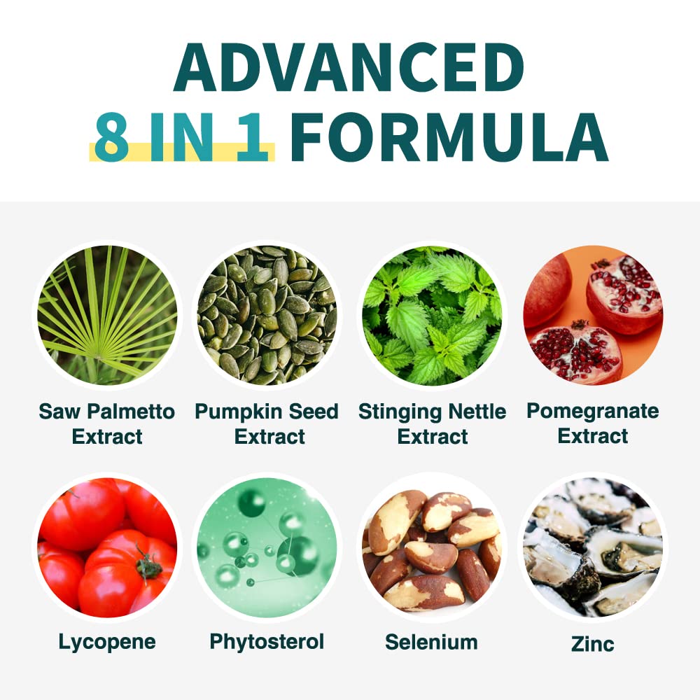 Label highlights 8-in-1 ingredients including saw palmetto and nettle