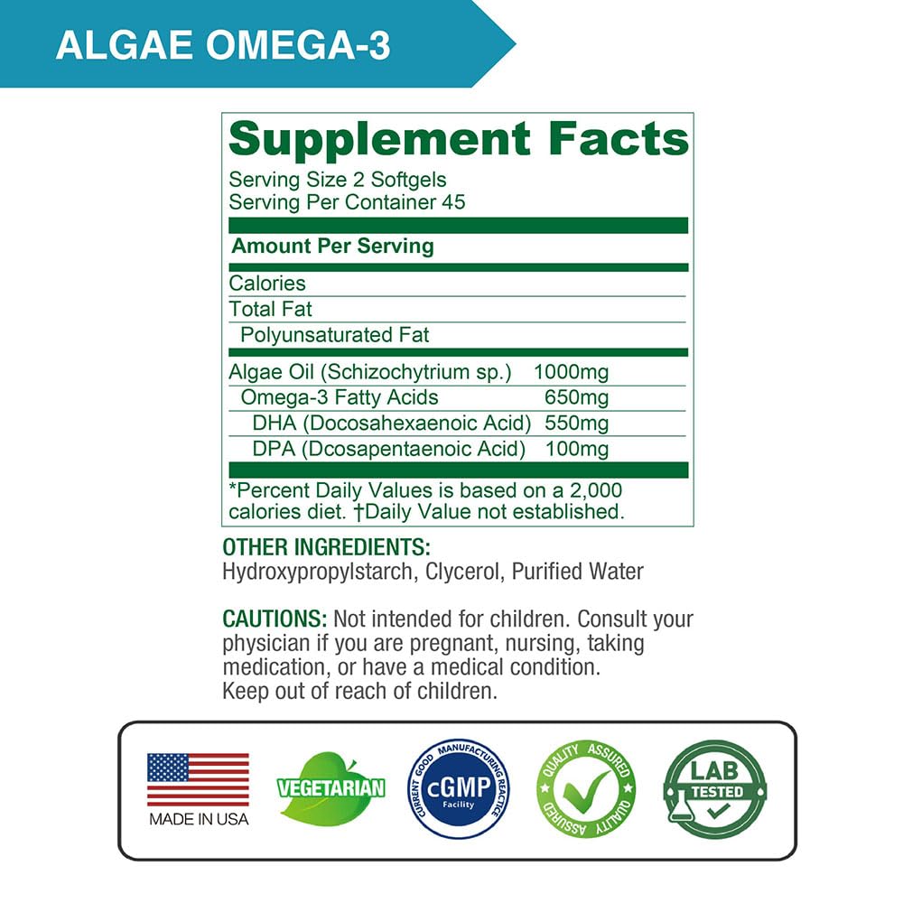 Carrageen-free label on Lovita Algae Omega-3 bottle emphasizes clean ingredients