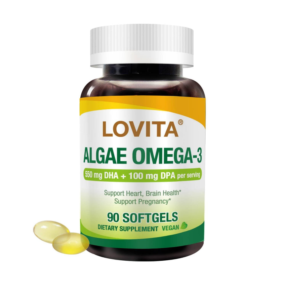 Lovita Algae Omega-3 bottle front showing vegan DHA benefits for heart and brain support