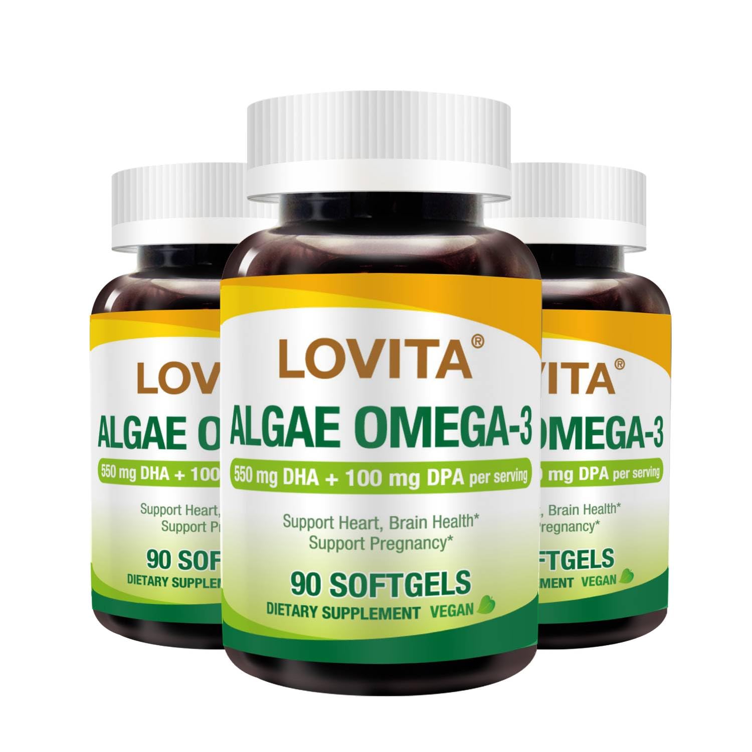 Lovita Algae Omega-3 softgels bottle, vegan omega-3 source for heart and brain support