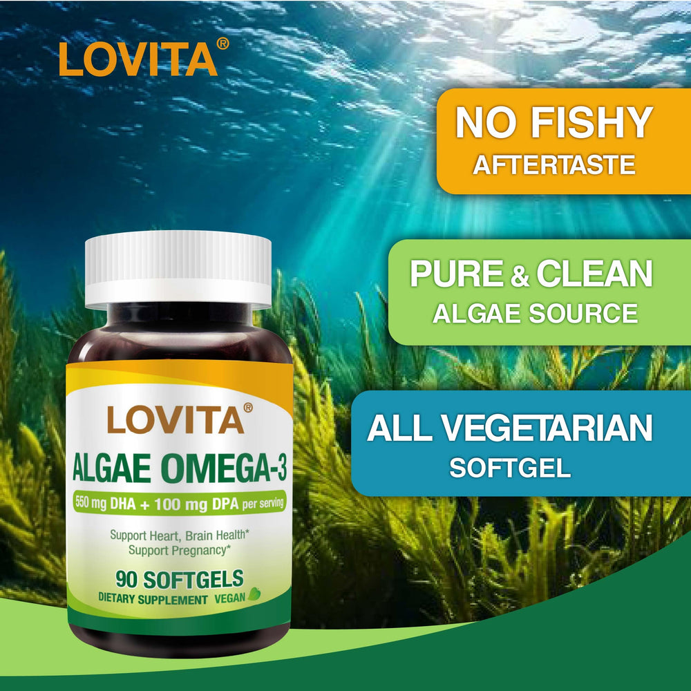 Close-up of Lovita Algae Omega-3 softgels showing smooth texture and no fishy aftertaste