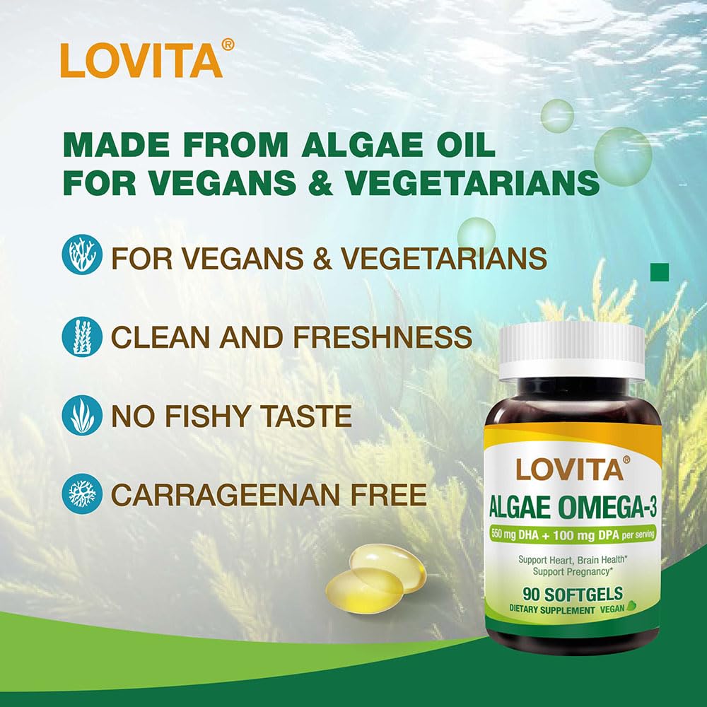 Vegan-friendly icon on Lovita Omega-3 bottle highlights plant-based sourcing