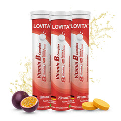 LOVITA B Complex effervescent tablets dissolving in a glass for a quick energy boost.