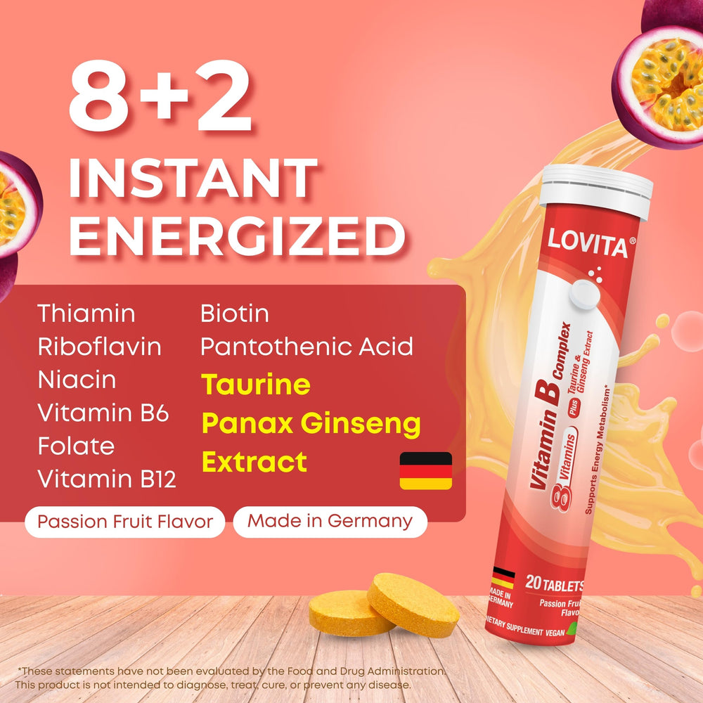 LOVITA B Complex with eight vitamins supports energy metabolism and reduced fatigue.