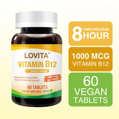 Lovita B12 bottle shows 1000 mcg dosage for daily support.