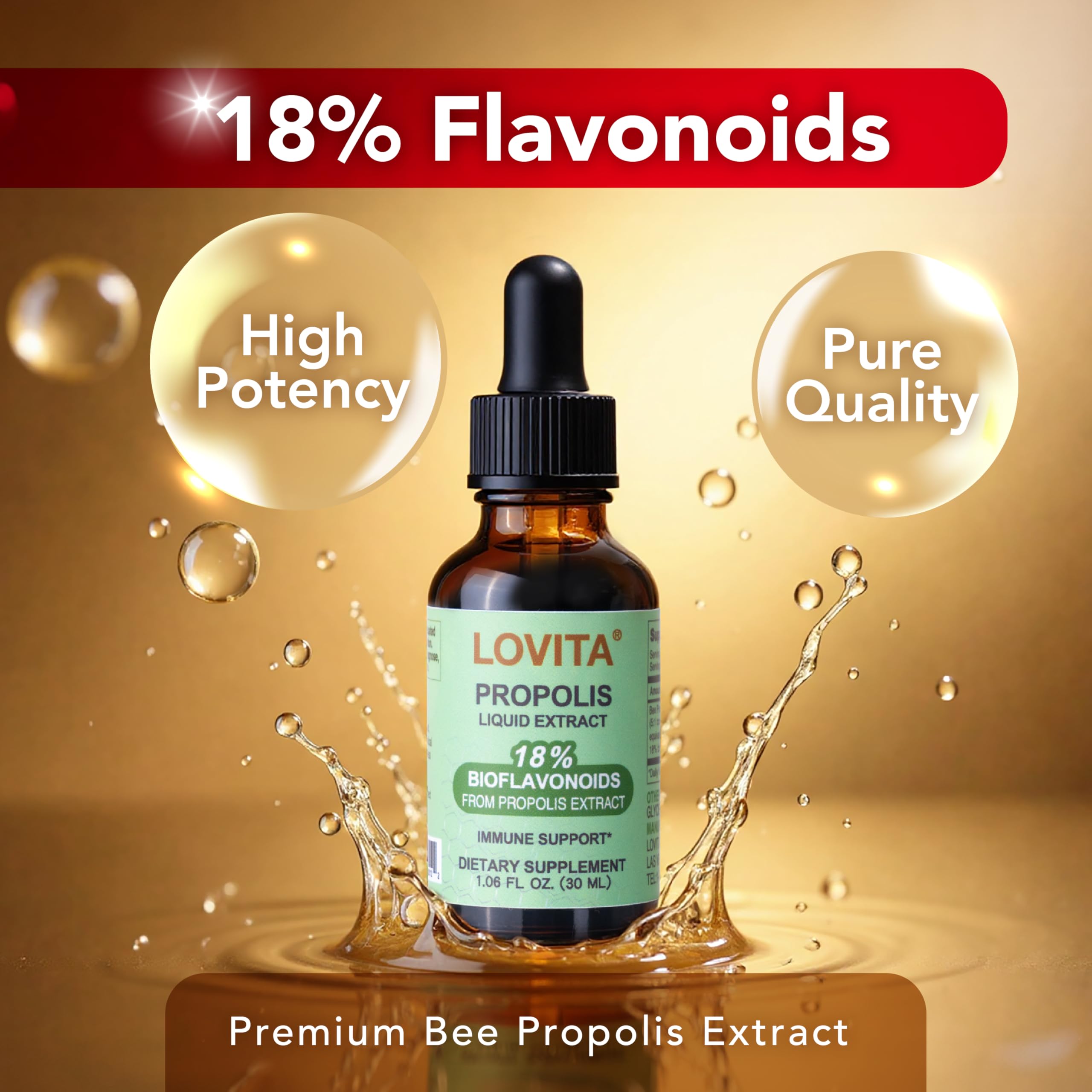 LOVITA propolis liquid dropper, smooth alcohol-free formula suitable for kids and adults