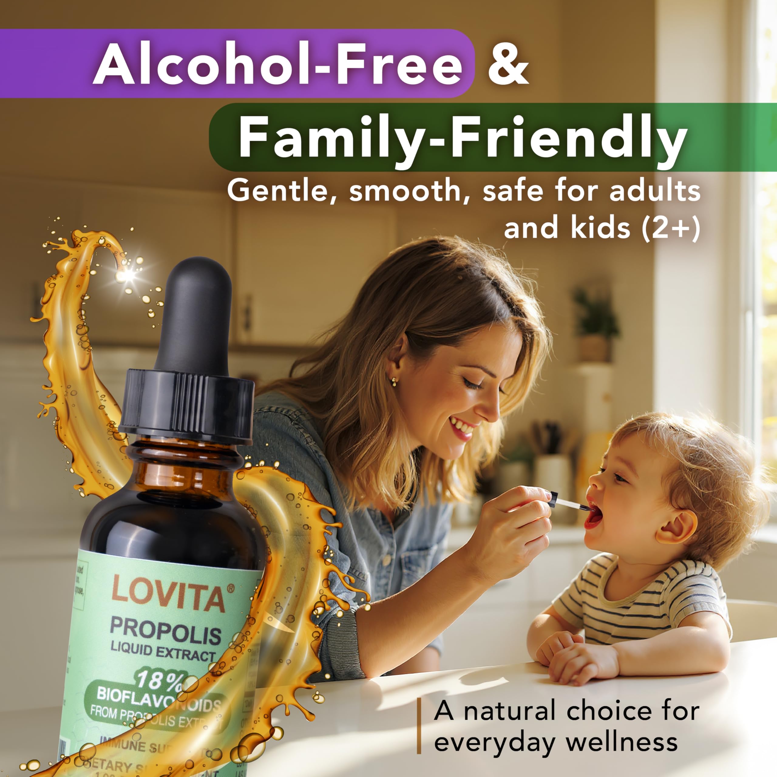 LOVITA propolis bottle label close-up emphasizing 18% bioflavonoids for antioxidants