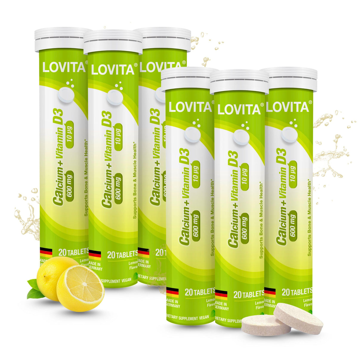 LOVITA Calcium D3 effervescent bottle pour shows easy daily dosing and lemon flavor