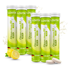LOVITA Calcium D3 effervescent bottle pour shows easy daily dosing and lemon flavor