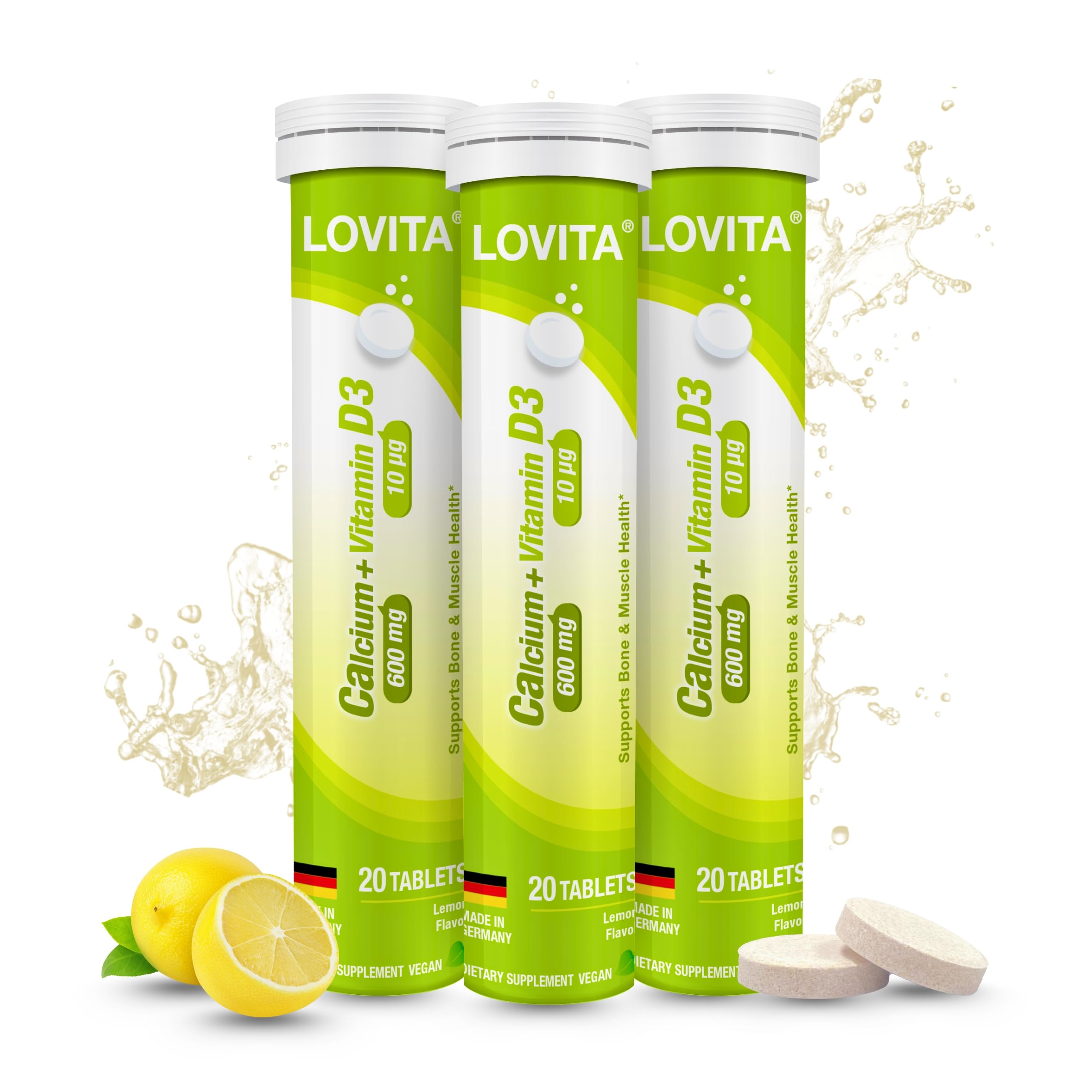 Lovita Calcium + D3 lemon bottle with refreshing fizz for daily bone support