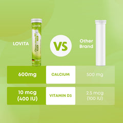 Lovita calcium + D3 lemon tablets on a kitchen counter, ready to use