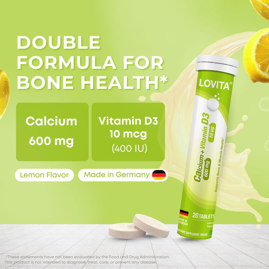 Lovita calcium-d3 lemon tablets dissolving in water for easy daily intake